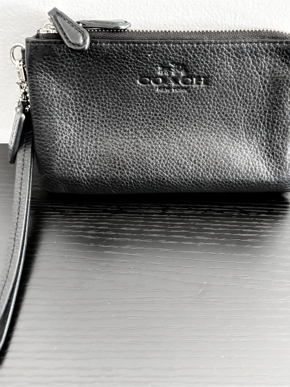 Coach Double Zip Black Leather Wristlet Wallet Gold Hardware